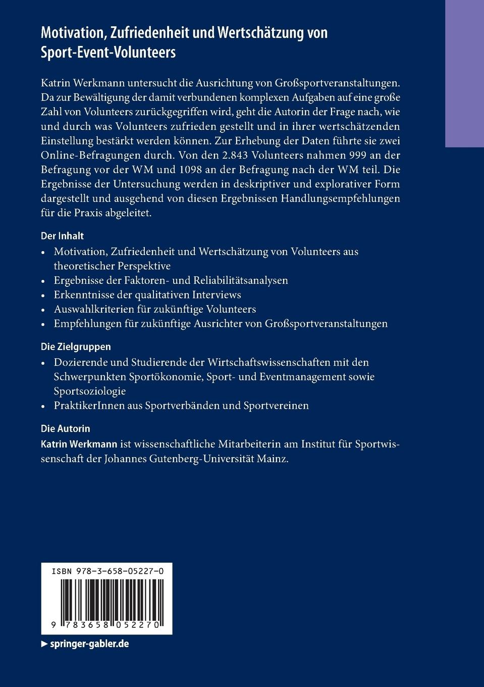 Rückseitencover Motivation, Zufriedenheit und Wertschätzung von Sport-Event-Volunteers