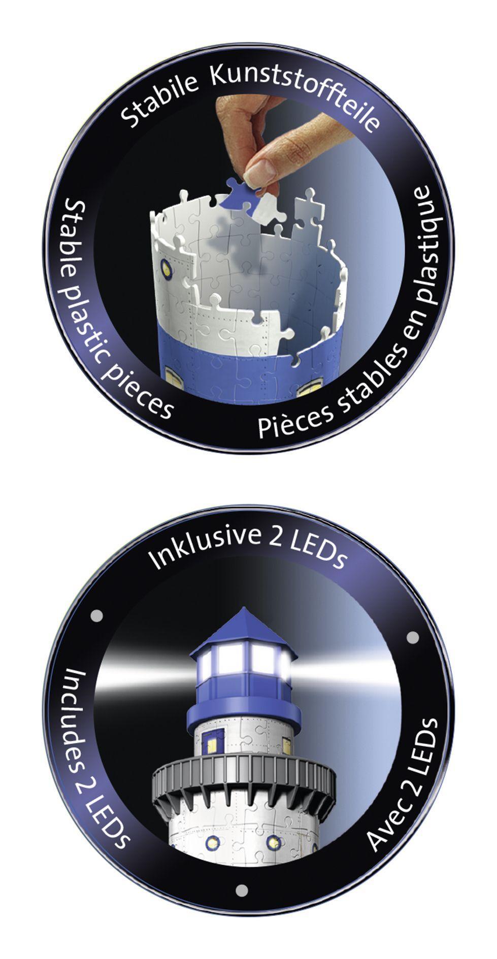 Beispielinhalt (Bild) Leuchtturm bei Nacht. 3D-Puzzle 216 Teile