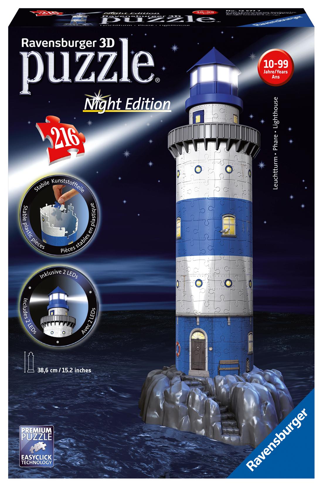 Vorderes Coverbild Leuchtturm bei Nacht. 3D-Puzzle 216 Teile