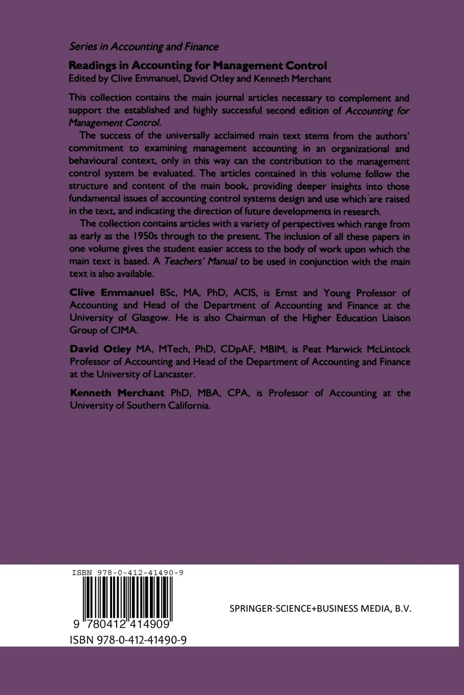 Rückseitencover Readings in Accounting for Management Control