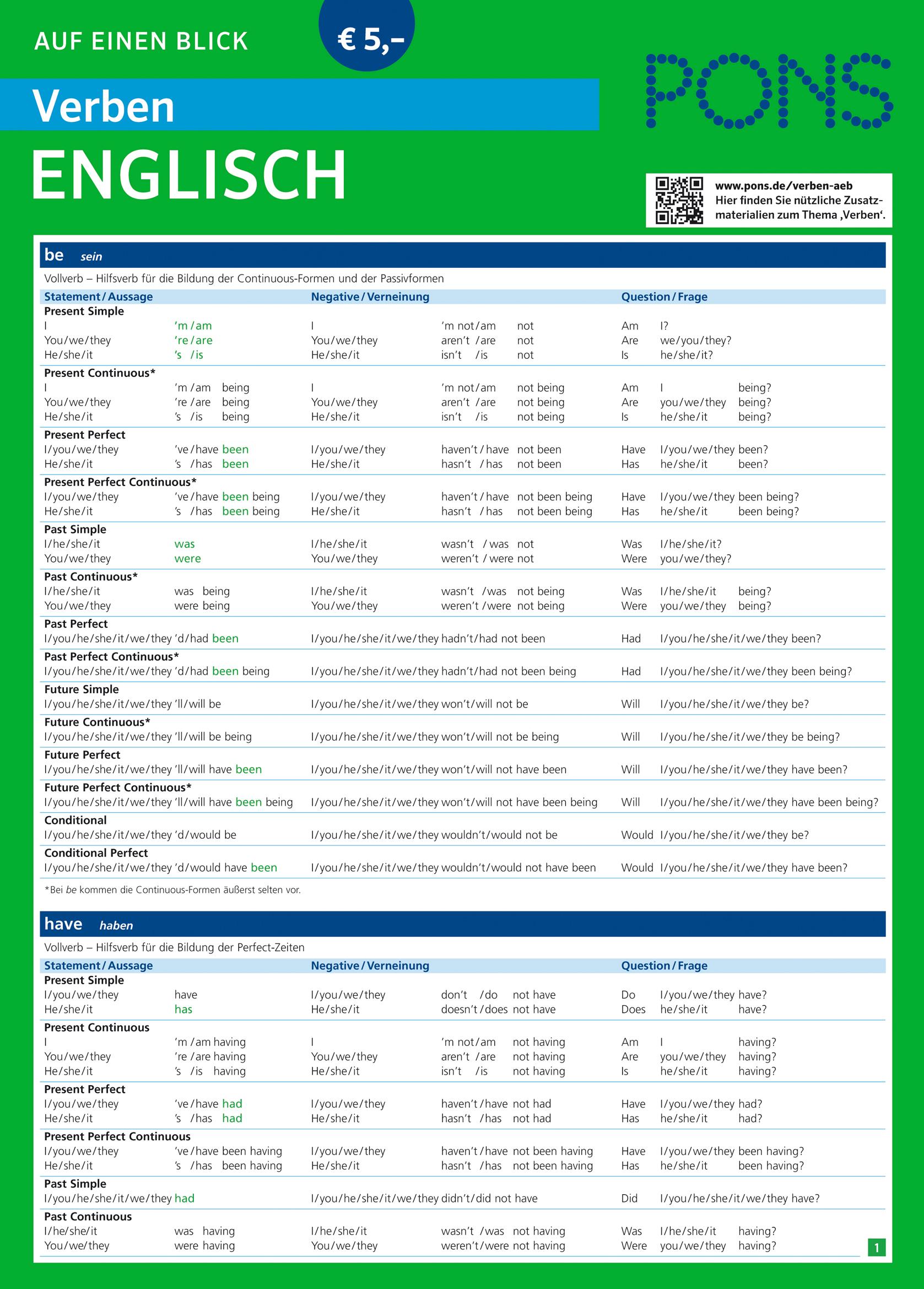 Vorderes Coverbild PONS Verben auf einen Blick Englisch