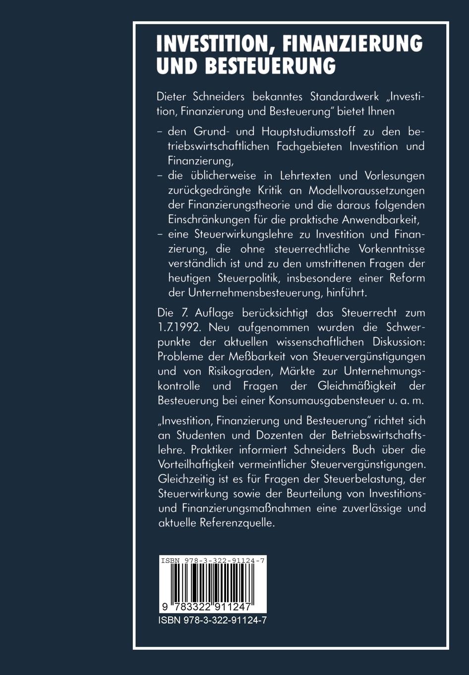 Rückseitencover Investition, Finanzierung und Besteuerung