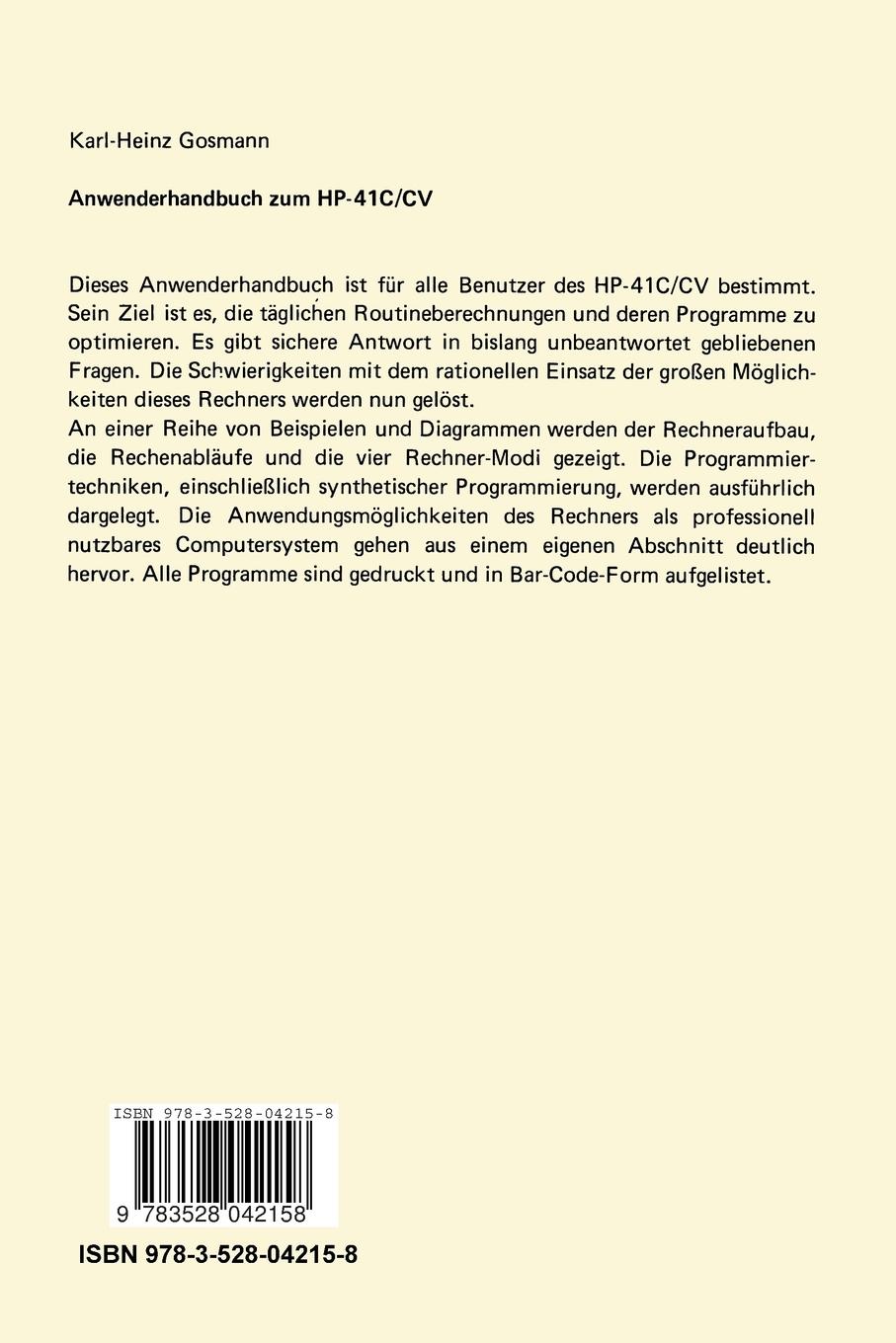 Rückseitencover Anwenderhandbuch HP-41 C/CV