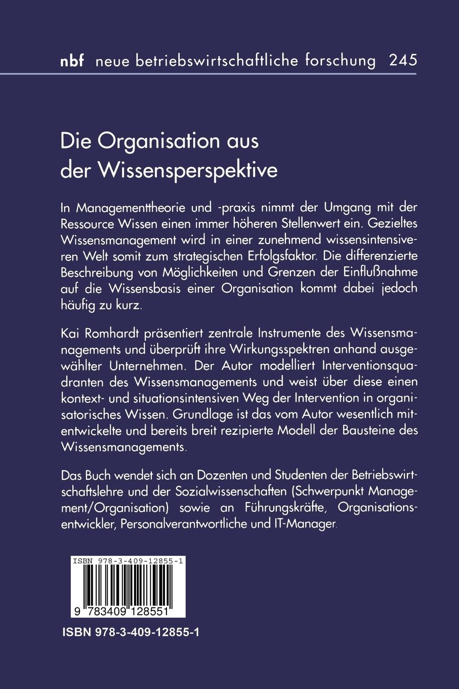 Rückseitencover Die Organisation aus der Wissensperspektive