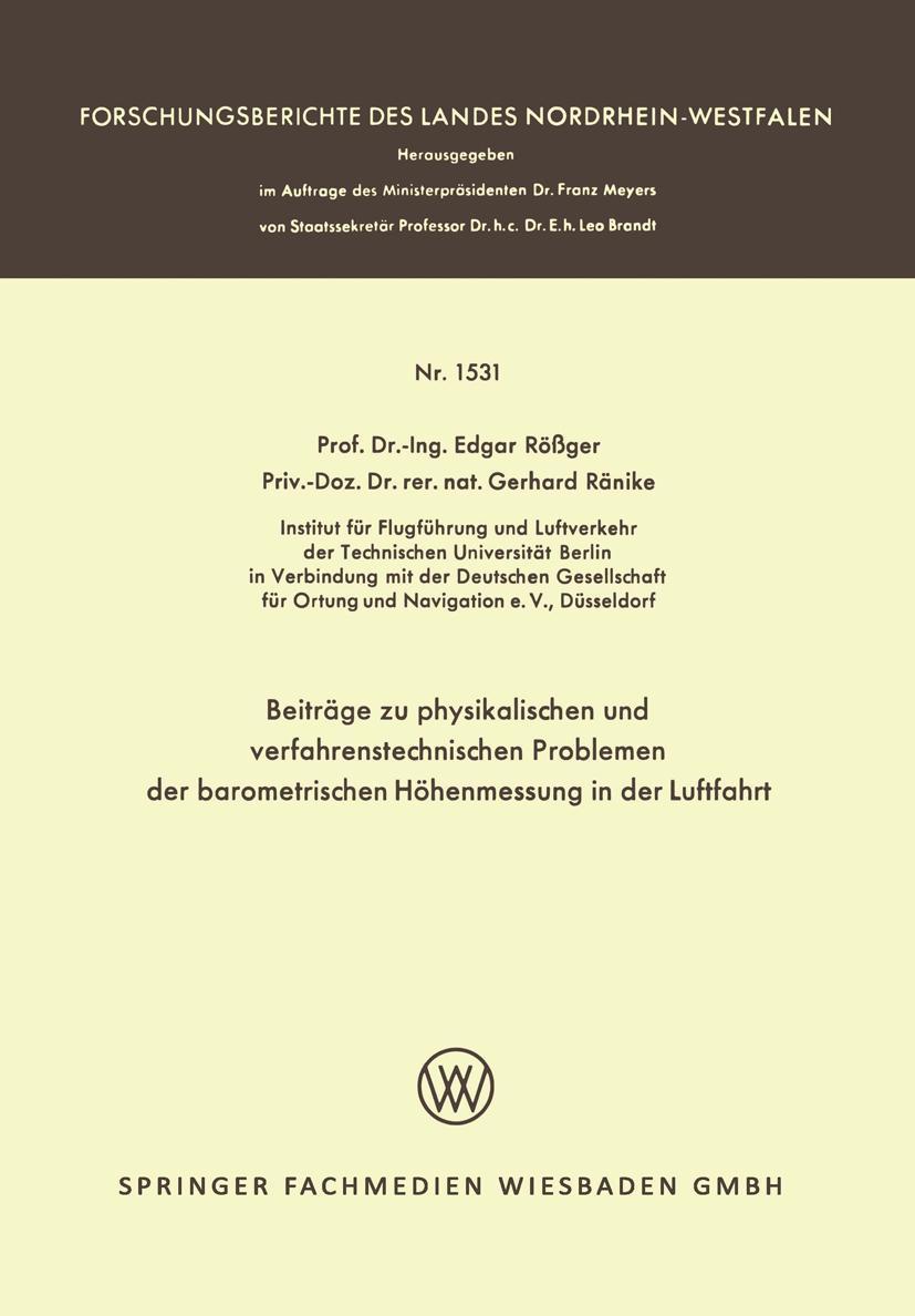 Vorderes Coverbild Beiträge zu physikalischen und verfahrenstechnischen Problemen der barometrischen Höhenmessung in der Luftfahrt