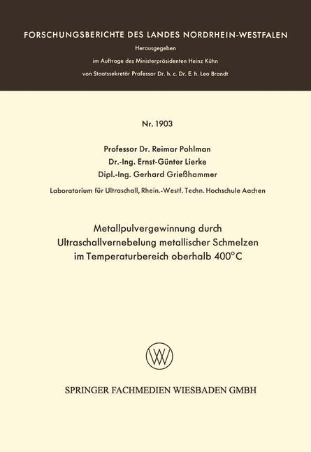 Vorderes Coverbild Metallpulvergewinnung durch Ultraschallvernebelung metallischer Schmelzen im Temperaturbereich oberhalb 400°C
