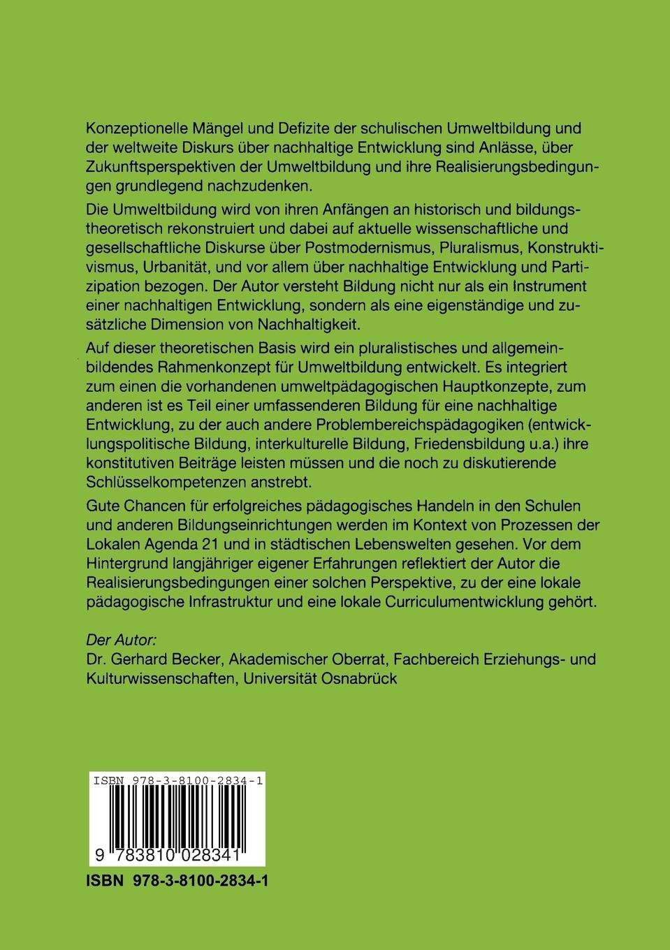 Rückseitencover Urbane Umweltbildung im Kontext einer nachhaltigen Entwicklung