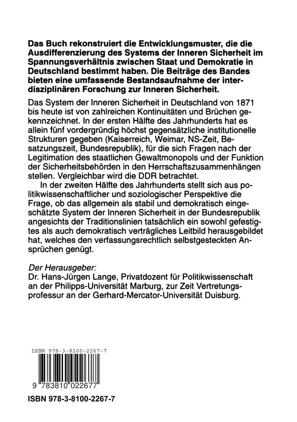 Rückseitencover Staat, Demokratie und Innere Sicherheit in Deutschland