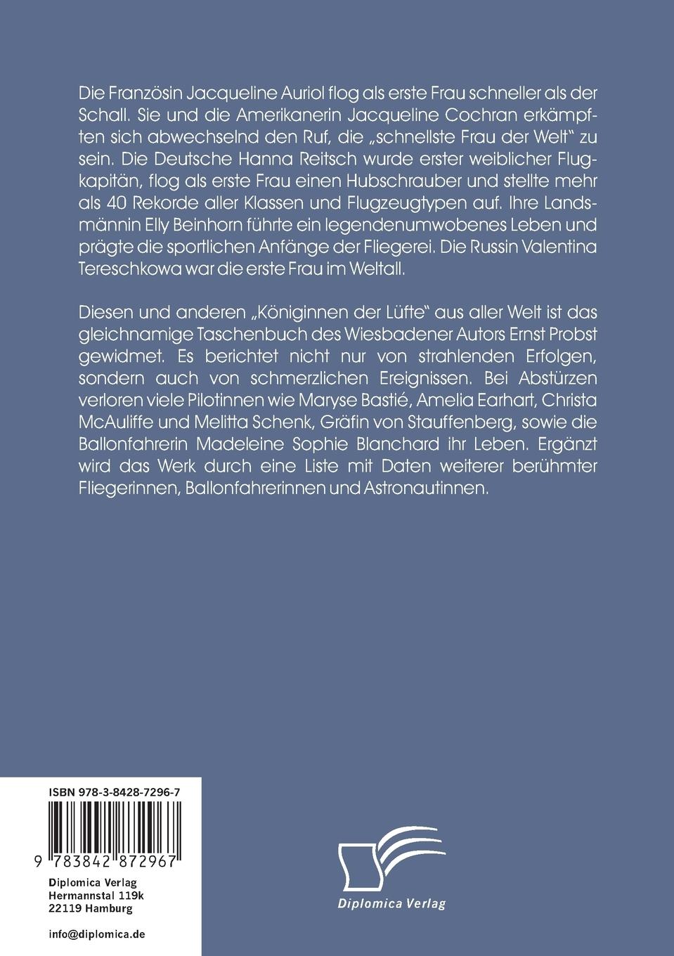 Rückseitencover Königinnen der Lüfte: Biographien berühmter Fliegerinnen wie Elly Beinhorn, Hanna Reitsch, Amelia Earhart, Jacqueline Auriol und Valentina Tereschkowa