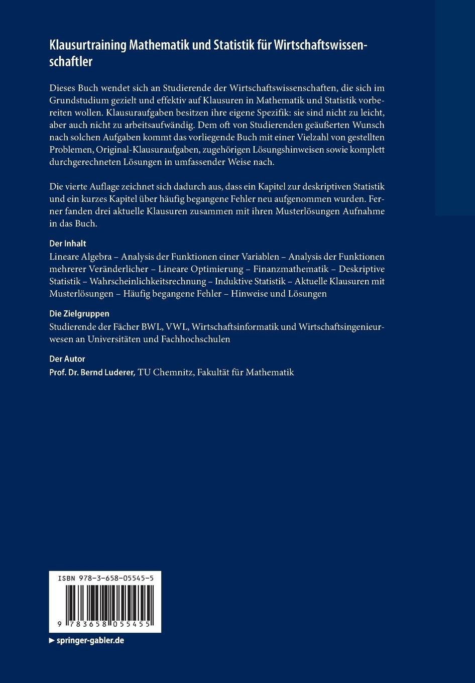 Rückseitencover Klausurtraining Mathematik und Statistik für Wirtschaftswissenschaftler