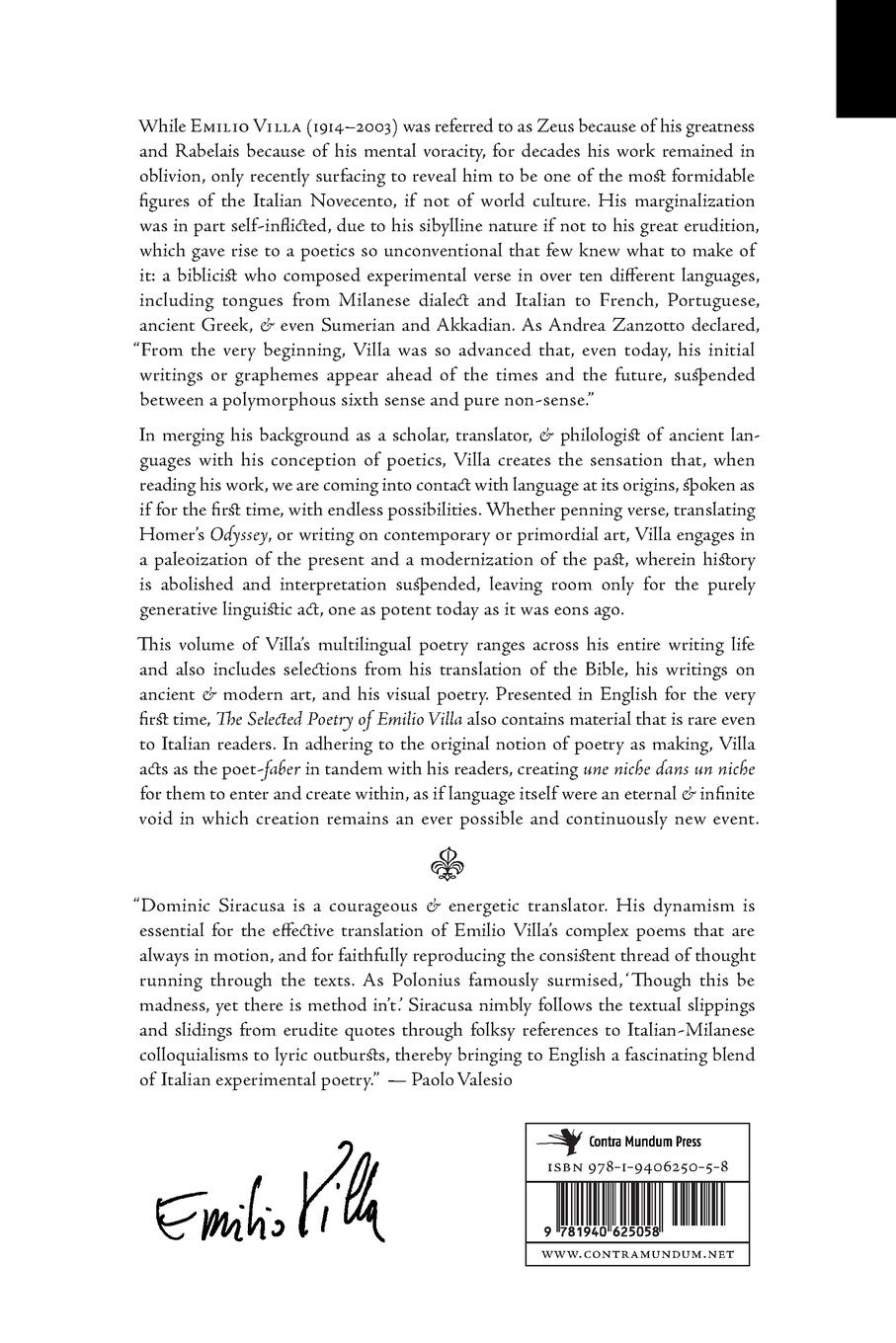 Rückseitencover The Selected Poetry of Emilio Villa