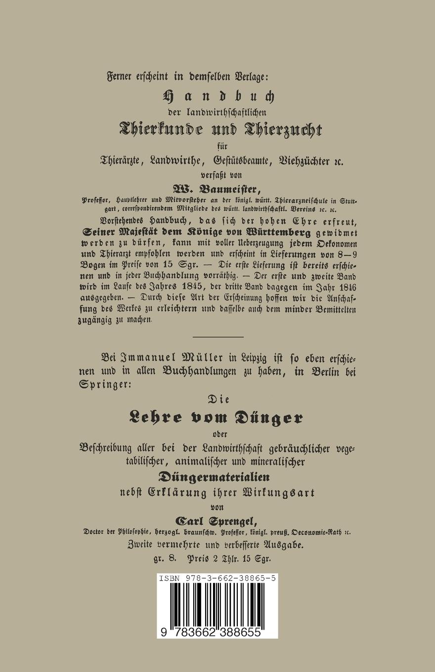 Rückseitencover Das Molkenwesen, oder die Benutzung und Verwerthung der Milch zu Butter und Käse, dem jetzigen Standpunkte der Naturwissenschaften, insbesondere der Chemie gemäß, zunächst für den Landwirth