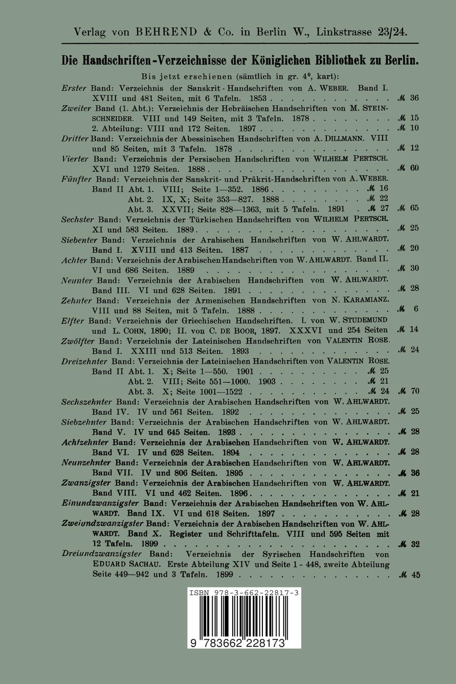 Rückseitencover Verzeichnis der Tibetischen Handschriften der Königlichen Bibliothek zu Berlin