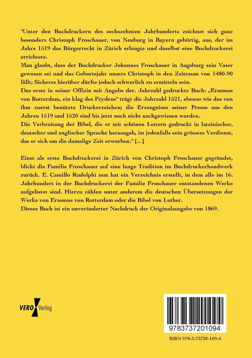 Rückseitencover Die Buchdrucker-Familie Froschauer in Zürich 1521 - 1595