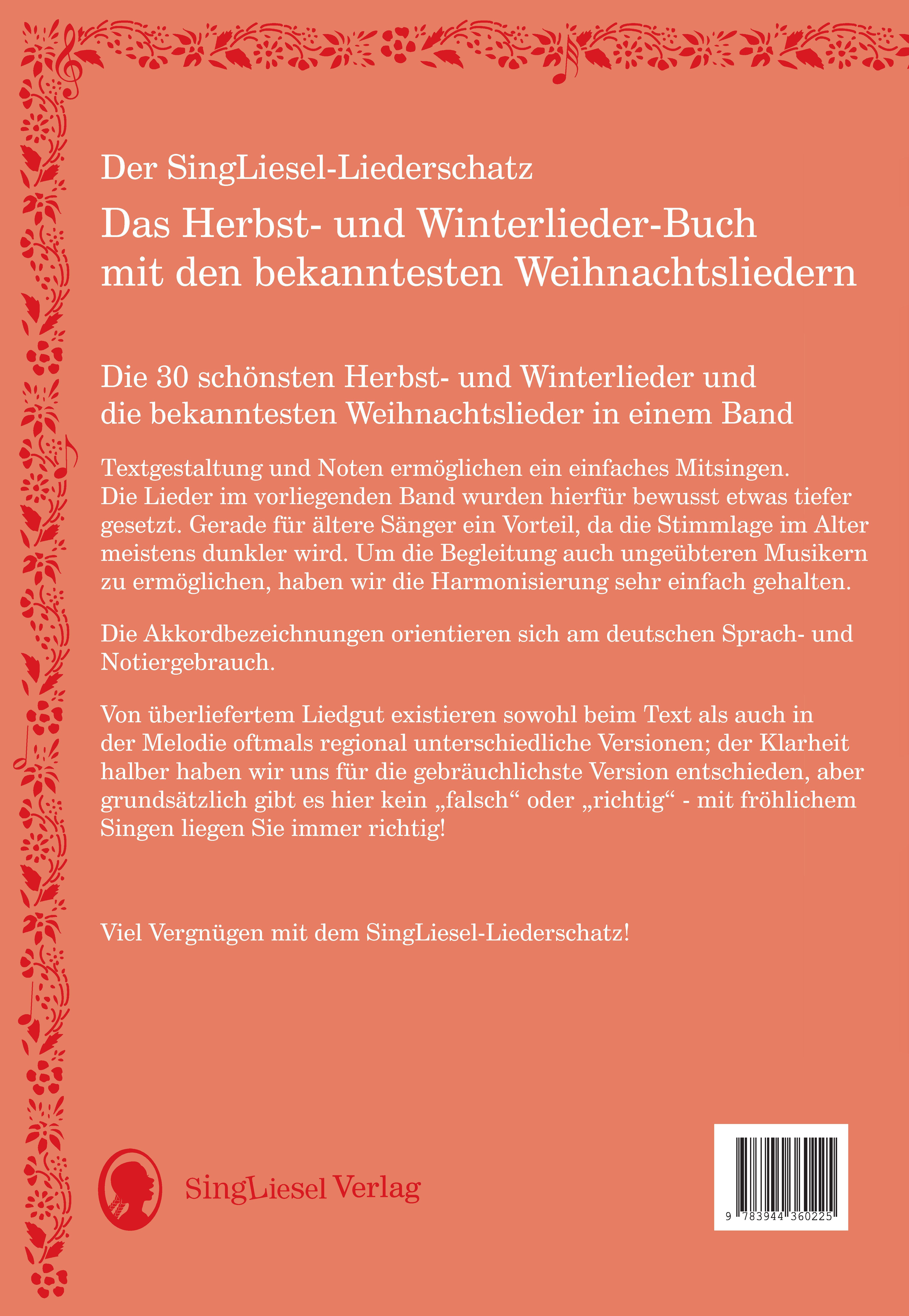 Beispielinhalt (Bild) Der SingLiesel-Liederschatz: Die schönsten Herbst- und Winterlieder mit allen bekannten Weihnachtslieder - Das Liederbuch