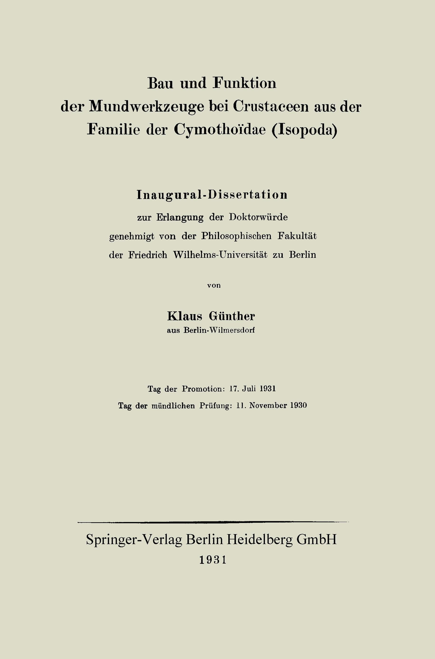 Vorderes Coverbild Bau und Funktion der Mundwerkzeuge bei Crustaceen aus der Familie der Cymothoïdae (Isopoda)