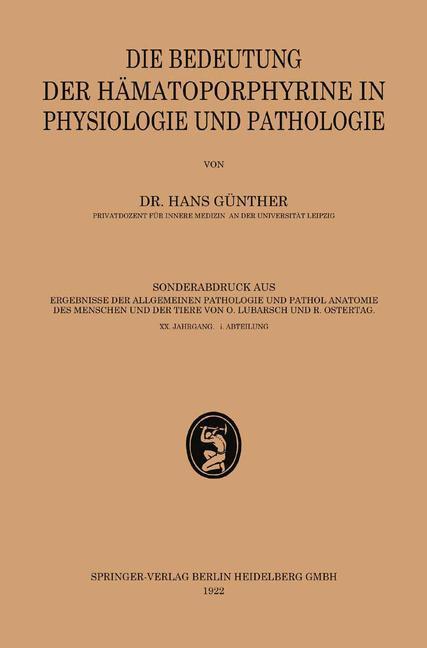 Vorderes Coverbild Die Bedeutung der Hämatoporphyrine in Physiologie und Pathologie