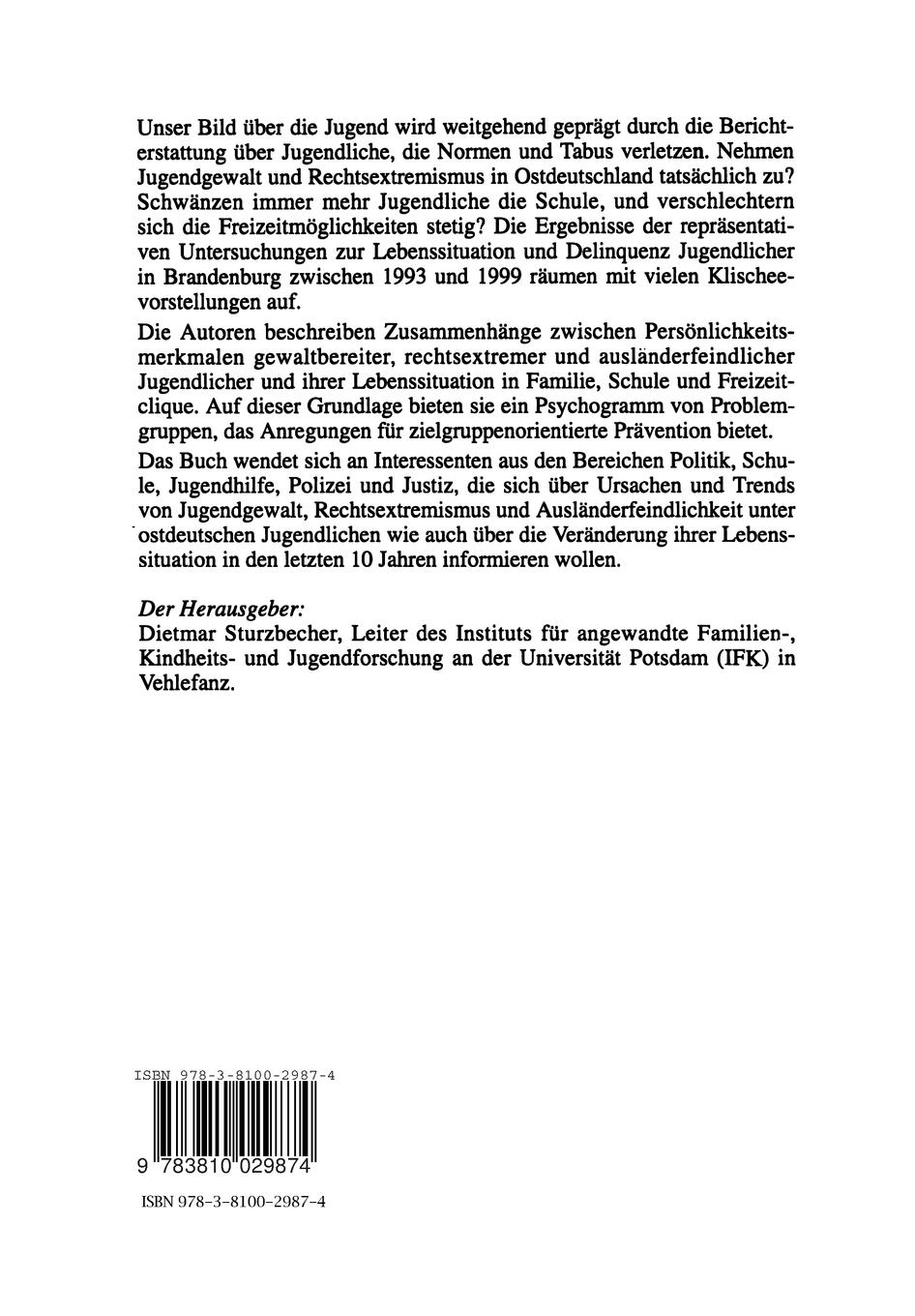 Rückseitencover Jugend in Ostdeutschland: Lebenssituationen und Delinquenz