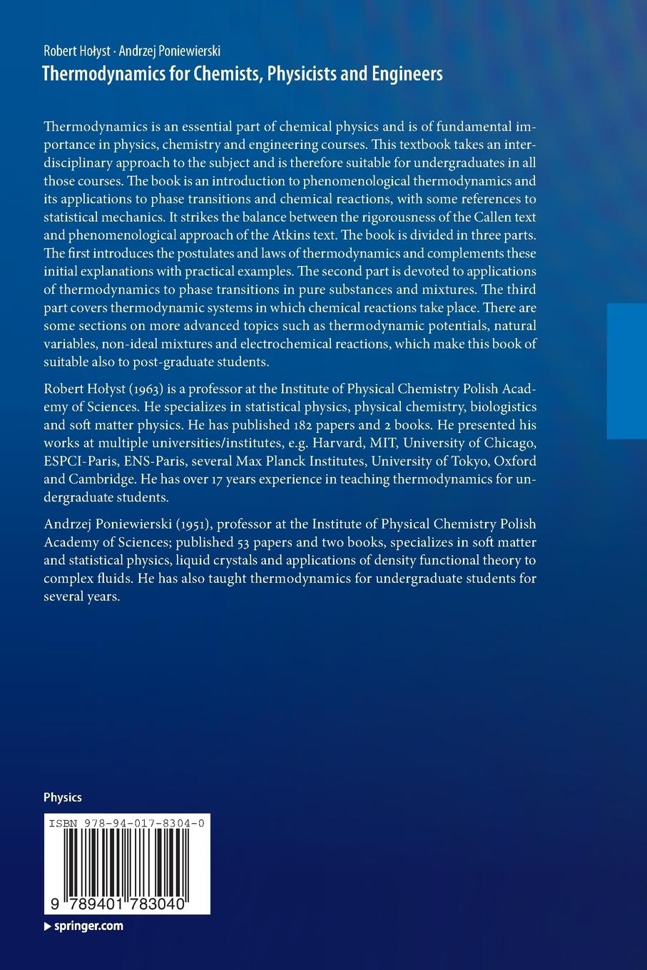 Rückseitencover Thermodynamics for Chemists, Physicists and Engineers
