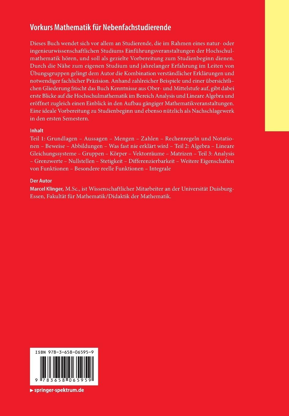 Rückseitencover Vorkurs Mathematik für Nebenfachstudierende