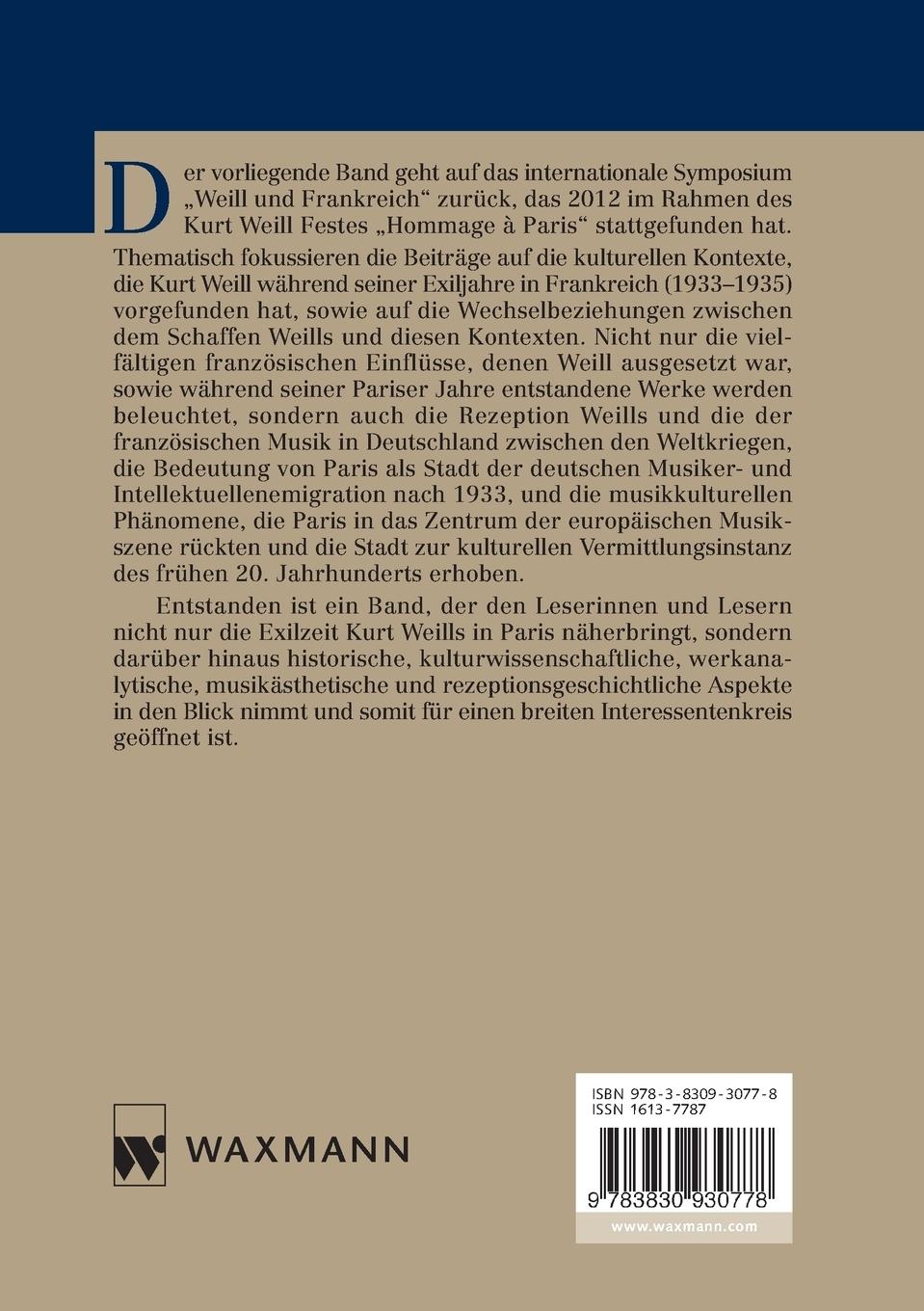 Rückseitencover Kurt Weill und Frankreich
