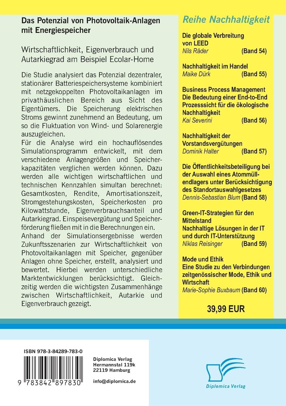 Rückseitencover Das Potenzial von Photovoltaik-Anlagen mit Energiespeicher: Wirtschaftlichkeit, Eigenverbrauch und Autarkiegrad am Beispiel Ecolar-Home