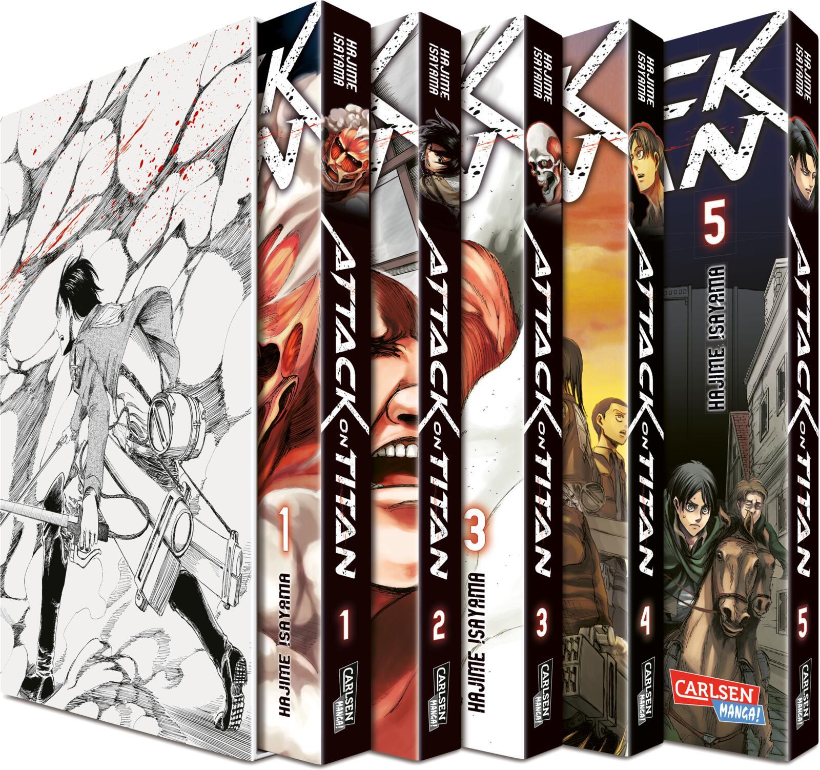 Vorderes Coverbild Attack on Titan, Bände 1-5 im Sammelschuber mit Extra
