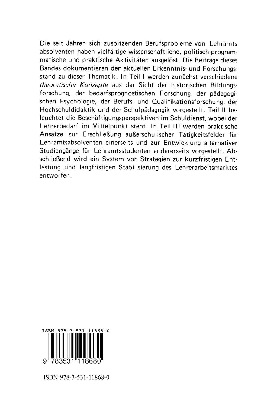 Rückseitencover Lehrerarbeitslosigkeit und Lehrerausbildung