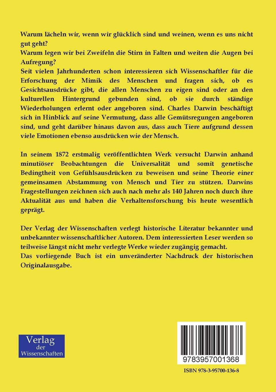 Rückseitencover Der Ausdruck der Gemütsbewegungen bei dem Menschen und den Tieren