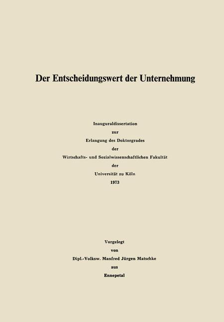 Vorderes Coverbild Der Entscheidungswert der Unternehmung