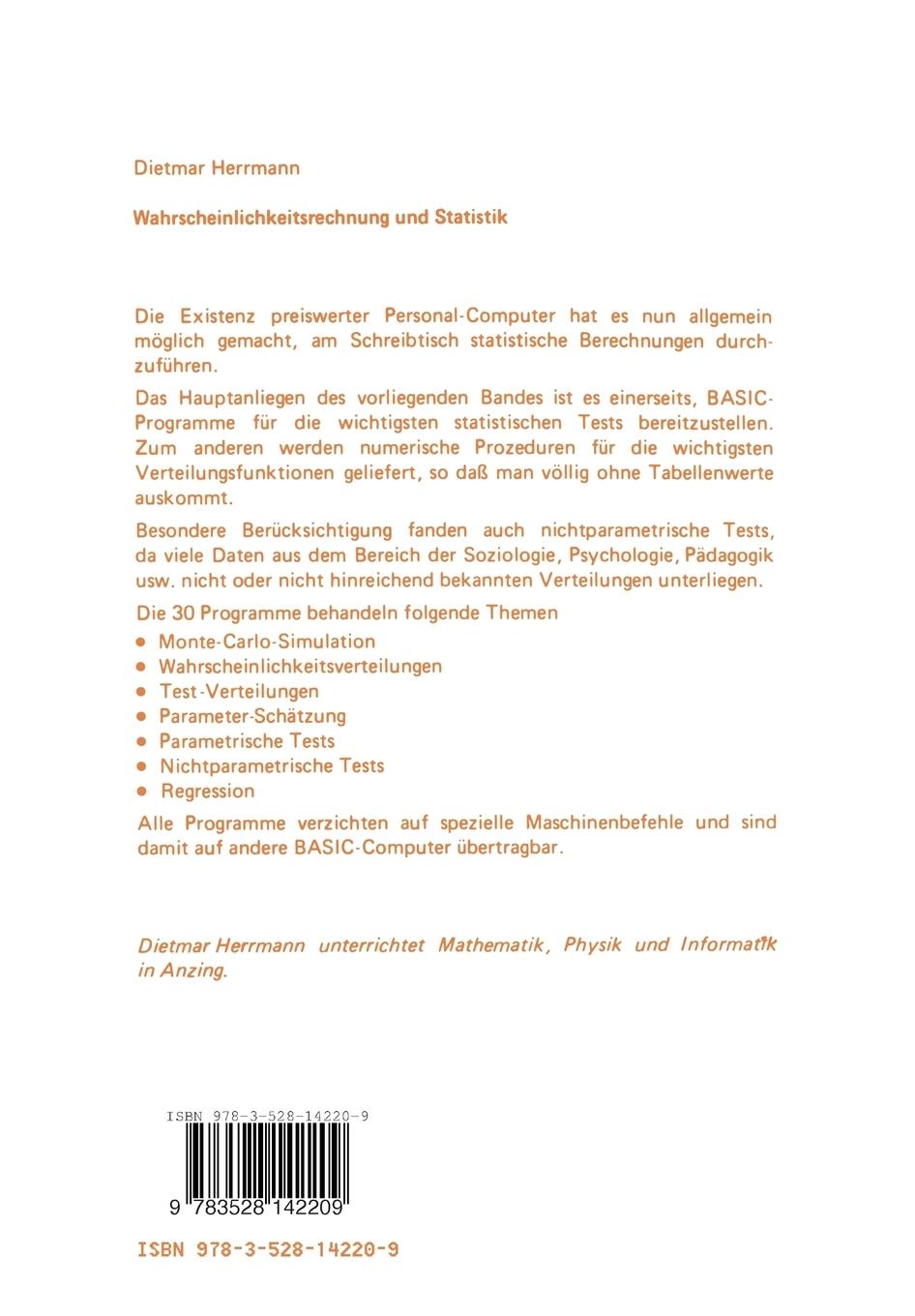 Rückseitencover Wahrscheinlichkeitsrechnung und Statistik - 30 BASIC-Programme