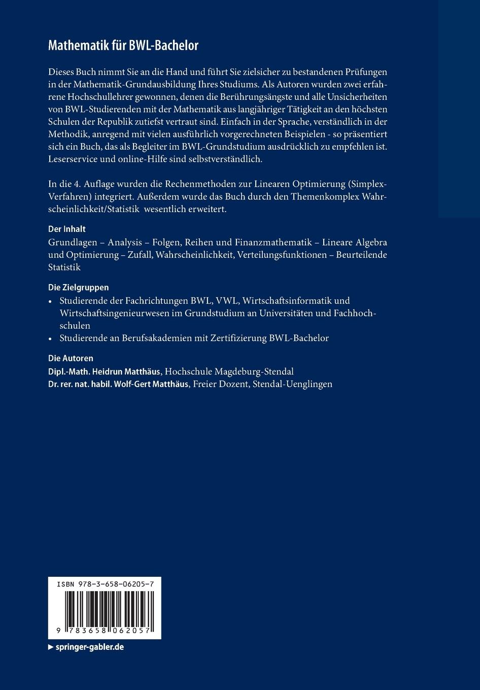 Rückseitencover Mathematik für BWL-Bachelor