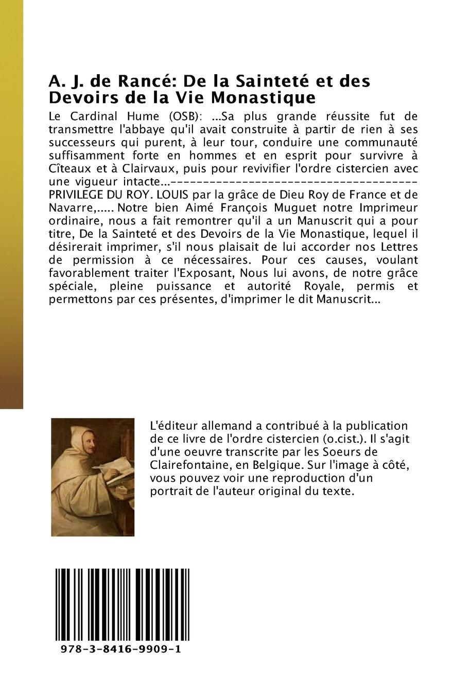 Rückseitencover A. J. de Rancé: De la Sainteté et des Devoirs de la Vie Monastique