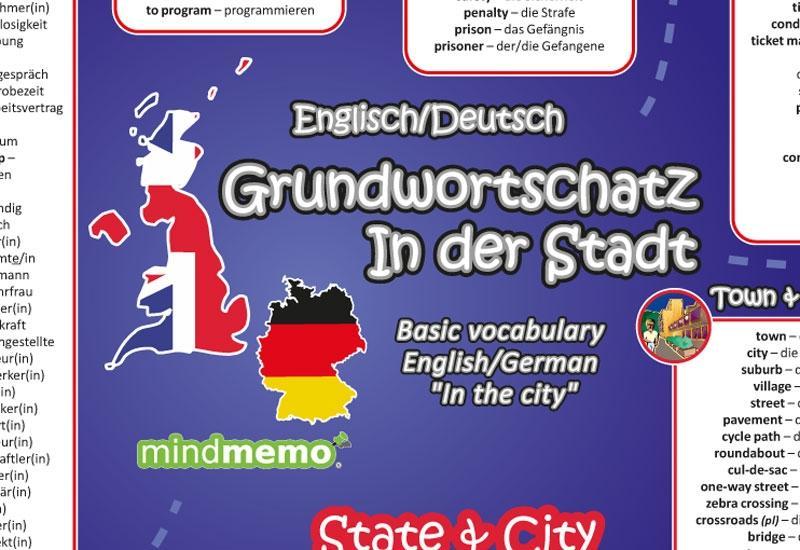Beispielinhalt (Bild) mindmemo Vokabel Lernposter - Grundwortschatz Englisch / Deutsch (bilingual) - IN DER STADT - Zusammenfassung