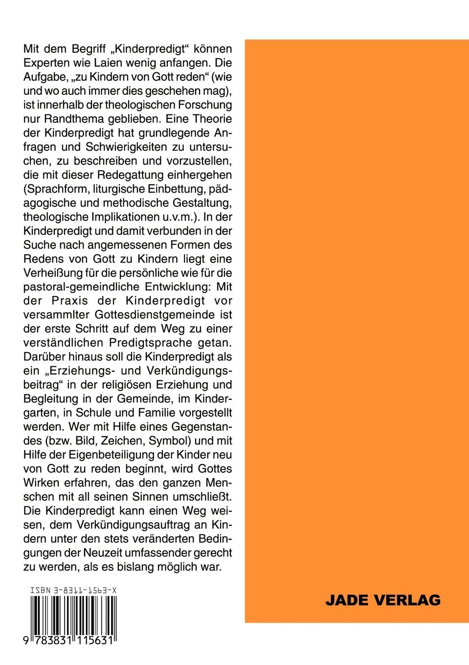 Rückseitencover Die Kinderpredigt - Zur Predigtlehre und Praxis eines Verkündigungsmodells