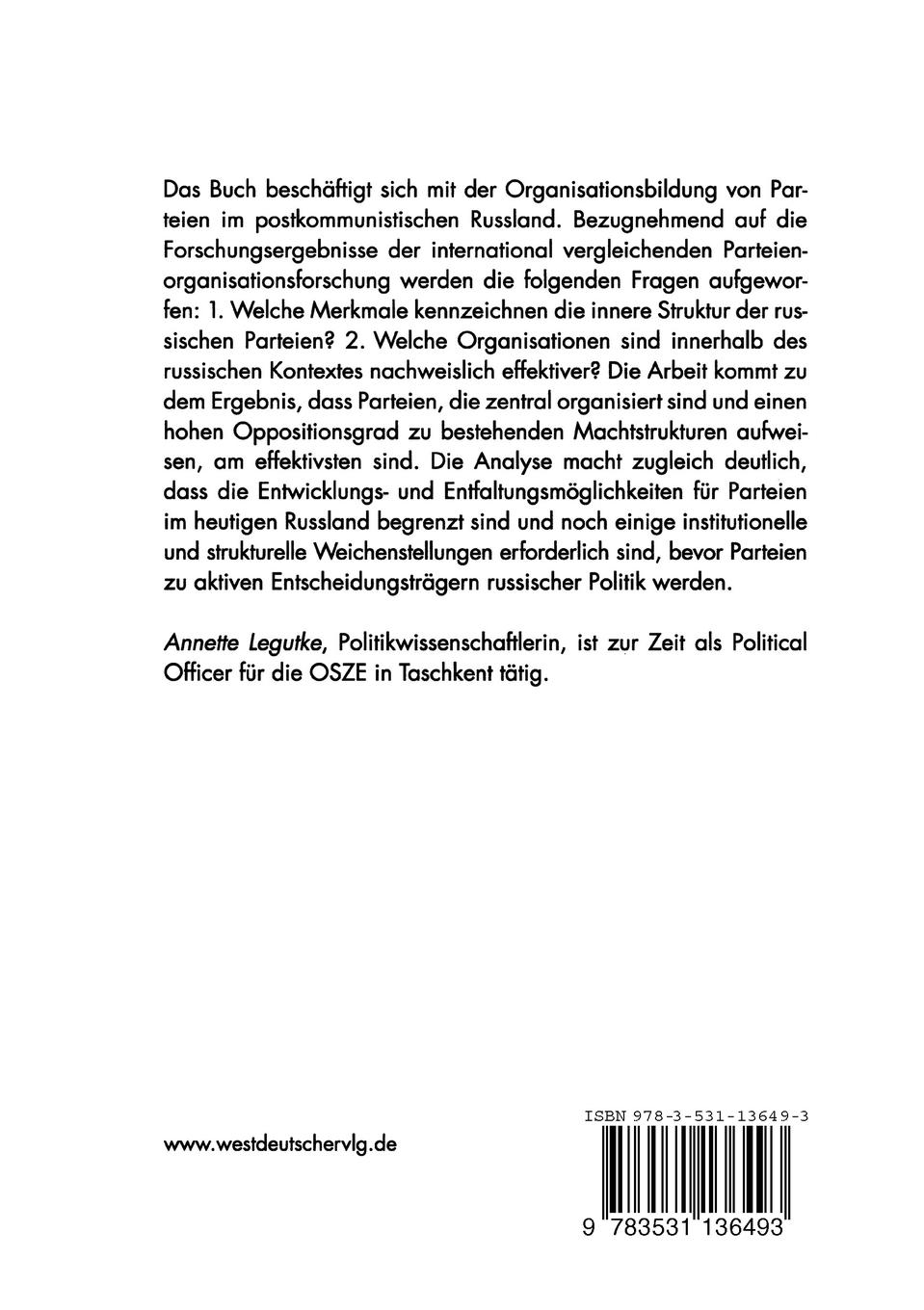 Rückseitencover Die Organisation der Parteien in Russland