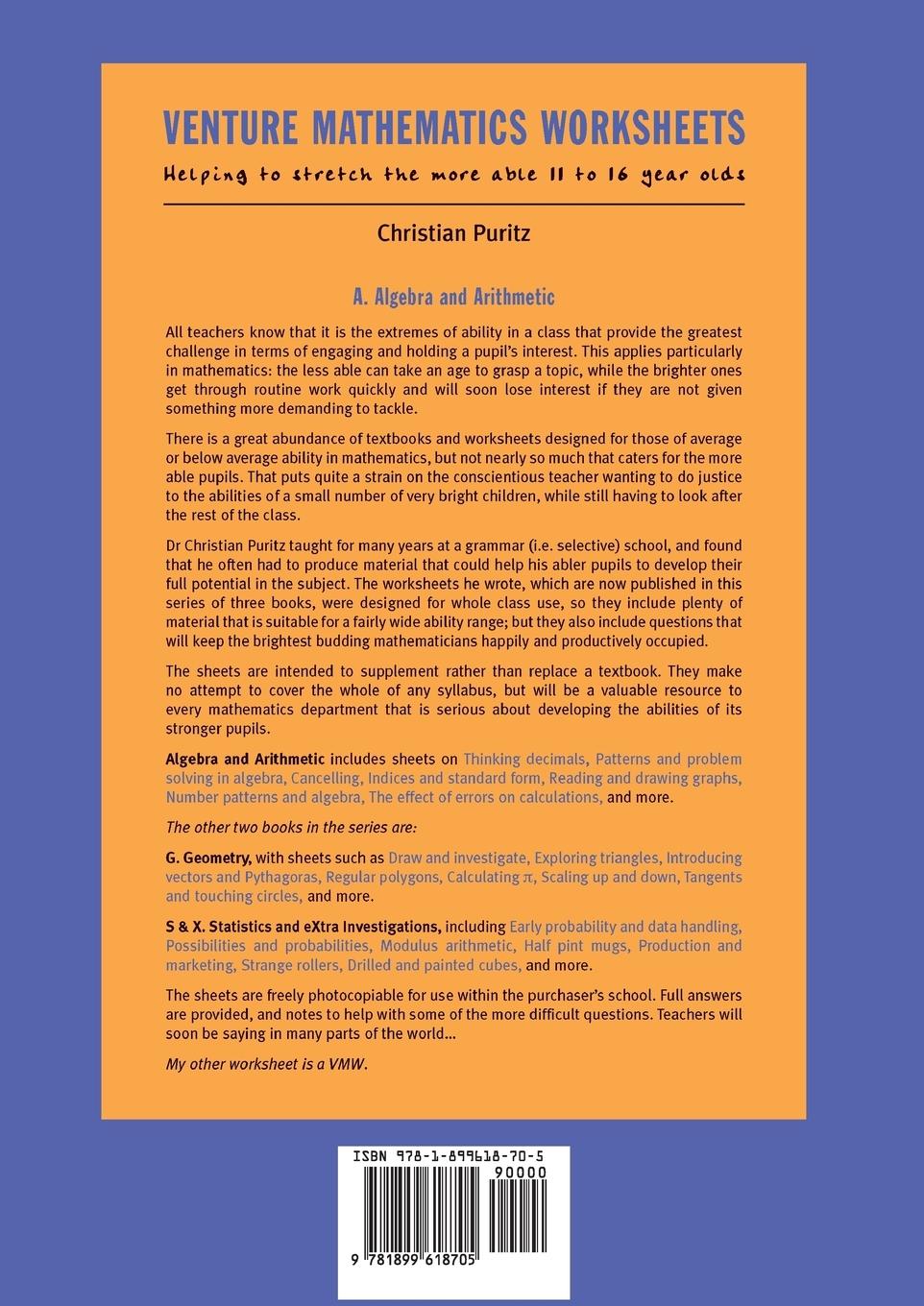 Rückseitencover Venture Mathematics Worksheets - Algebra and Arithmetic