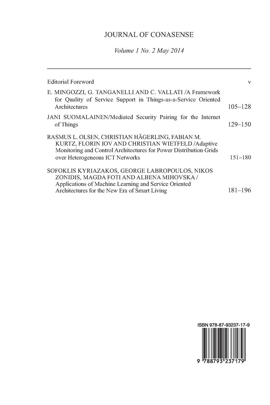 Rückseitencover Journal of CONASENSE 1-2; Interaction of Communications, Navigations and Sensing with Control and Automation for Smart Services Provision