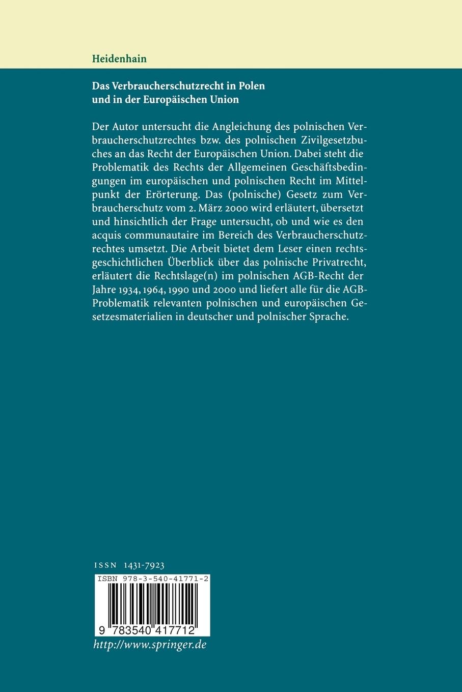Rückseitencover Das Verbraucherschutzrecht in Polen und in der Europäischen Union