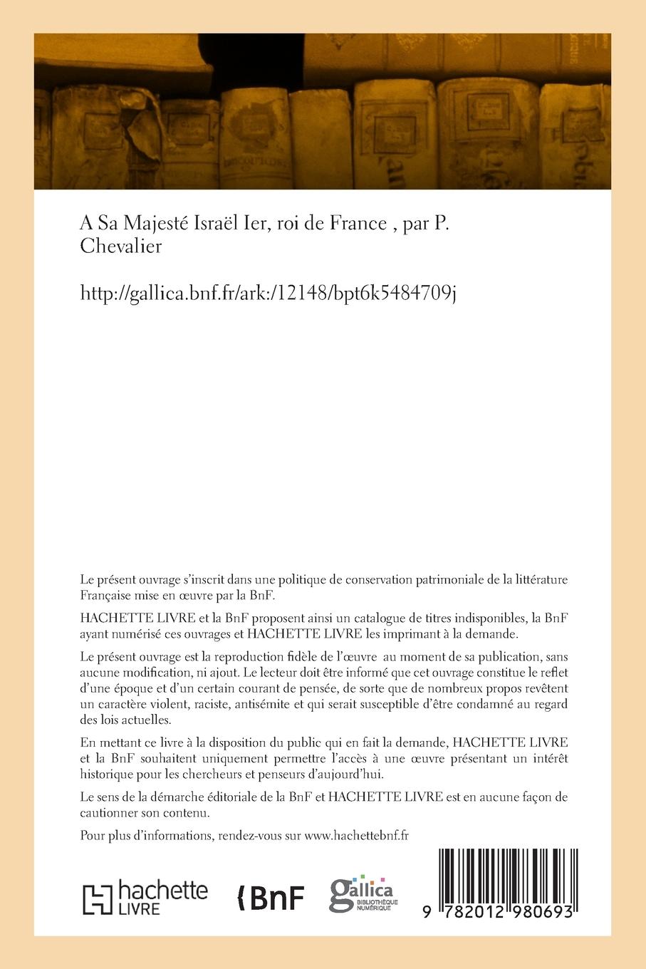 Rückseitencover A Sa Majesté Israël Ier, Roi de France