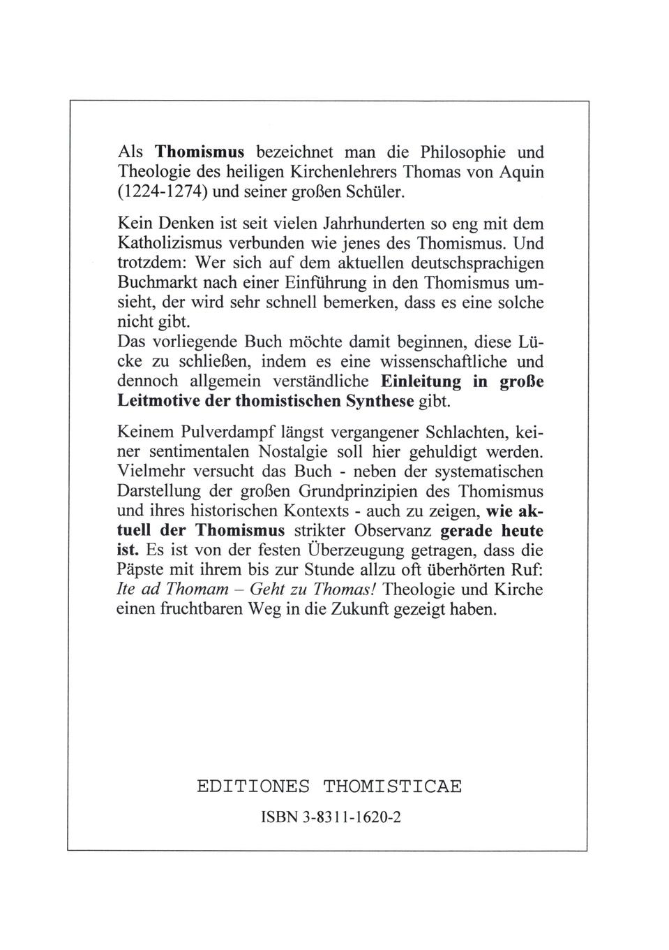 Rückseitencover Thomismus. Große Leitmotive der thomistischen Synthese ...