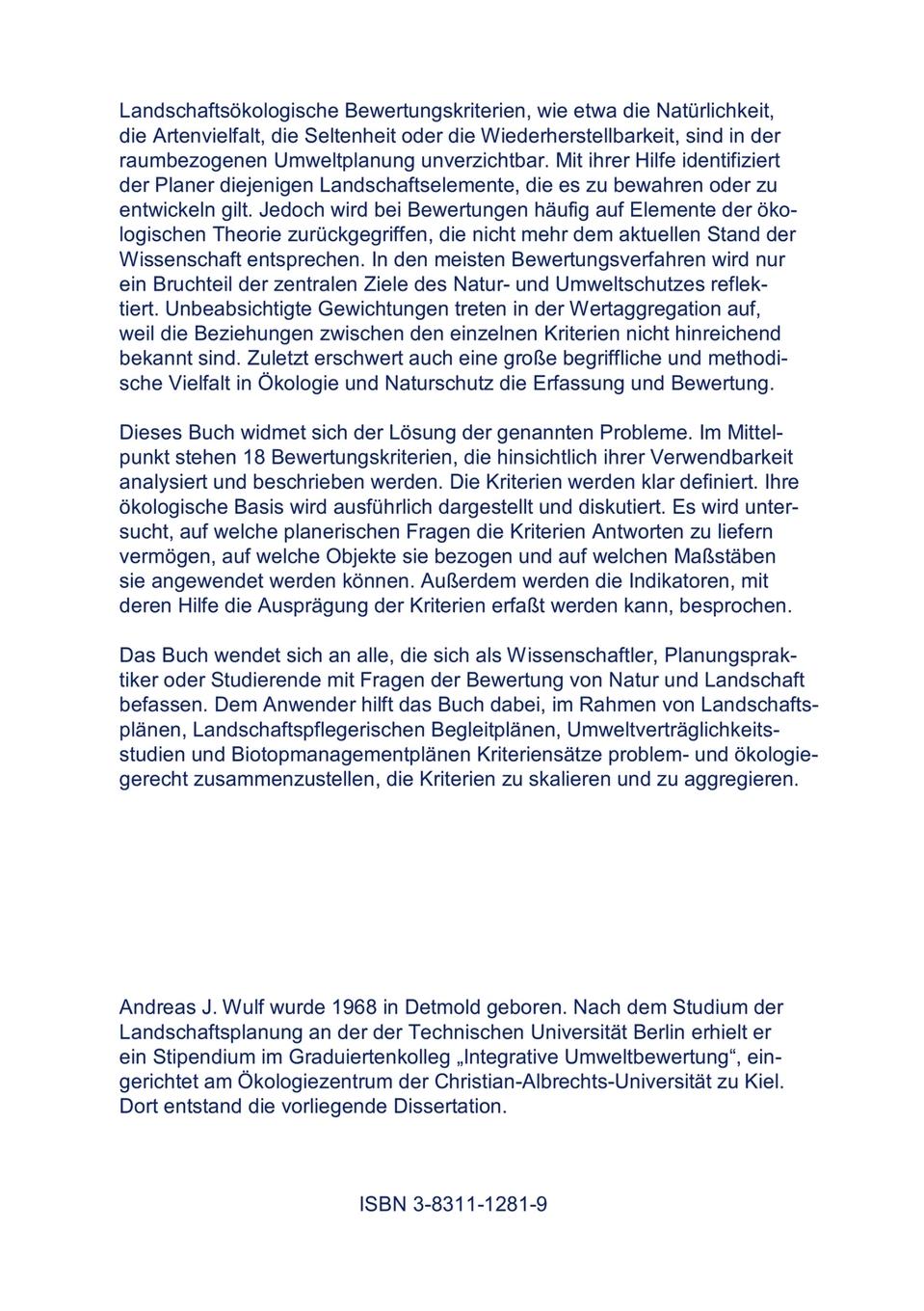 Rückseitencover Die Eignung Landschaftsökologischer Bewertungskriterien für die raumbezogene Umweltplanung