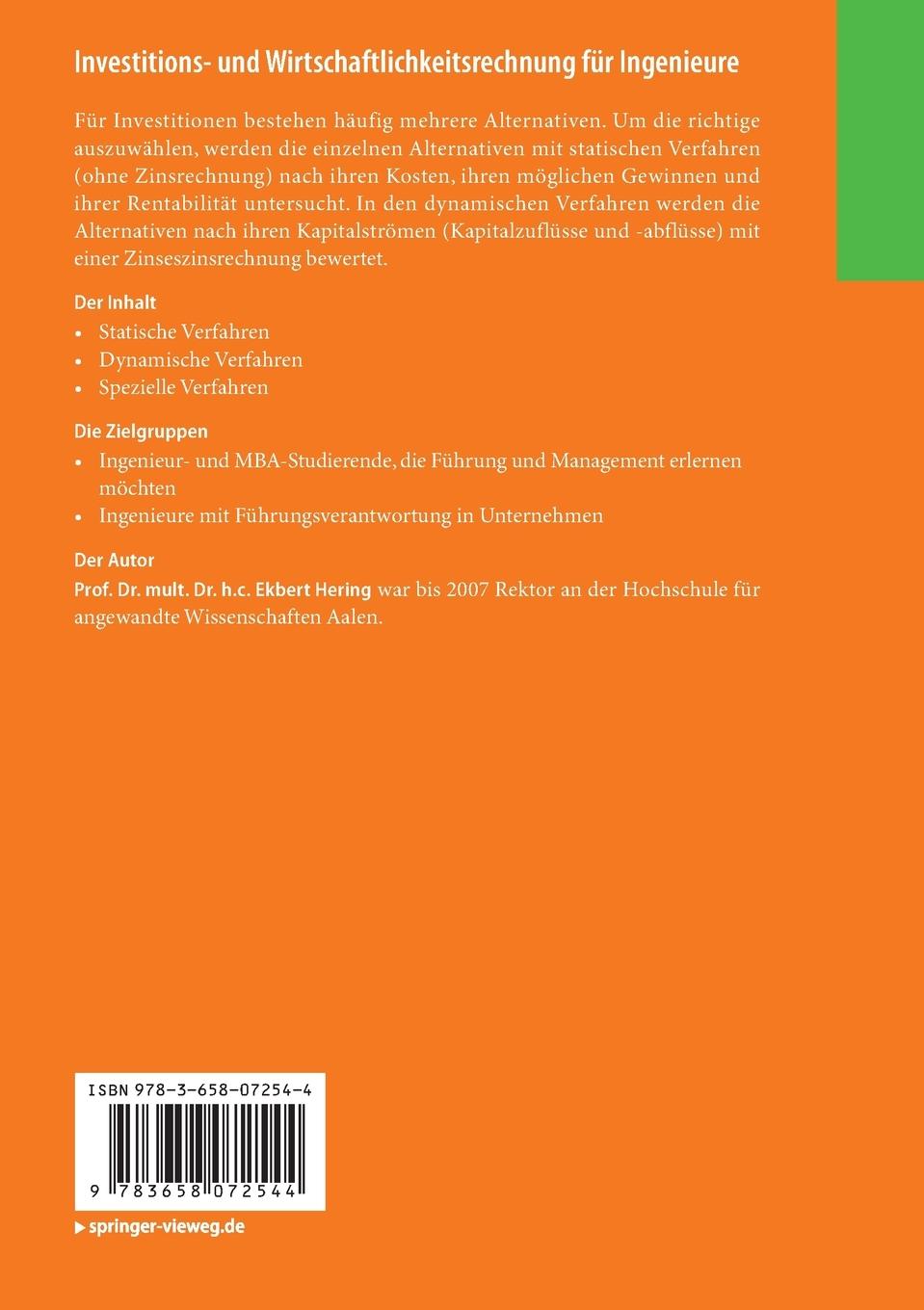 Rückseitencover Investitions- und Wirtschaftlichkeitsrechnung für Ingenieure