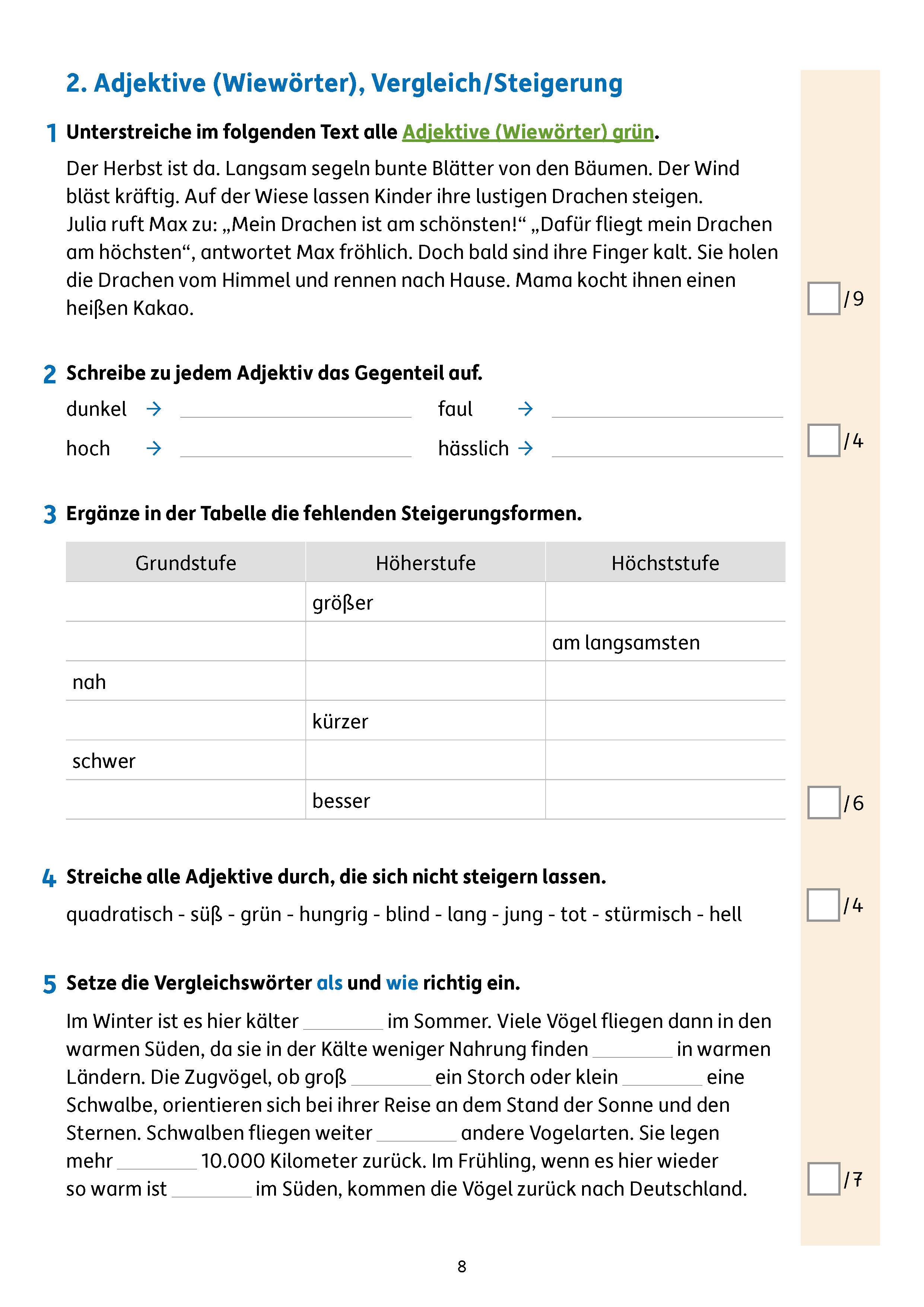 Beispielinhalt (Bild) Übungsheft mit Tests in Deutsch 4. Klasse