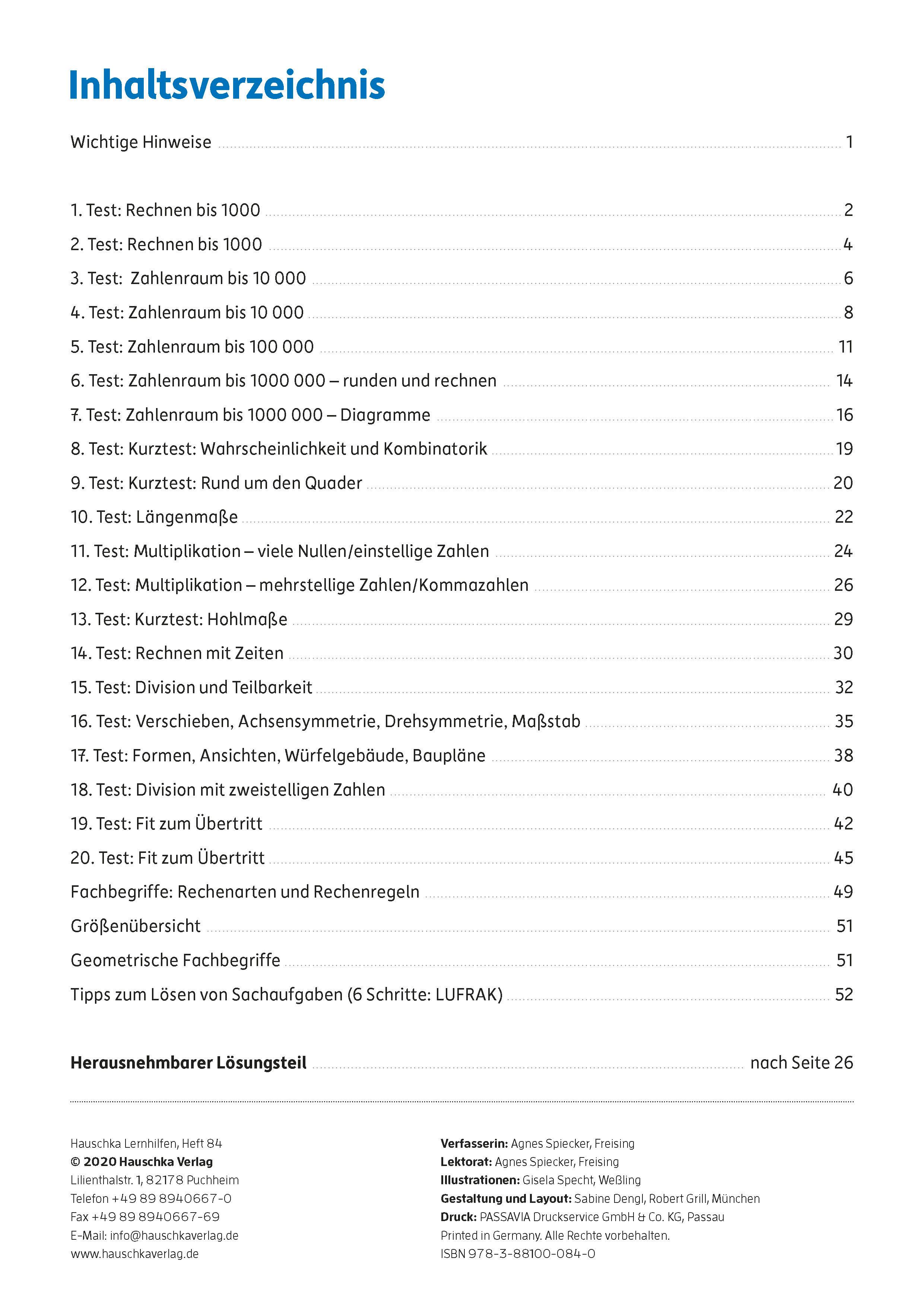 Beispielinhalt (Bild) Tests in Mathe - Lernzielkontrollen 4. Klasse