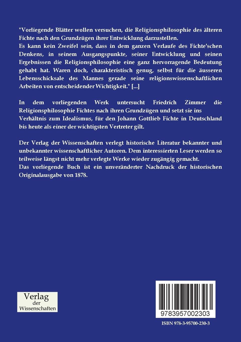 Rückseitencover Johann Gottlieb Fichtes Religionsphilosophie