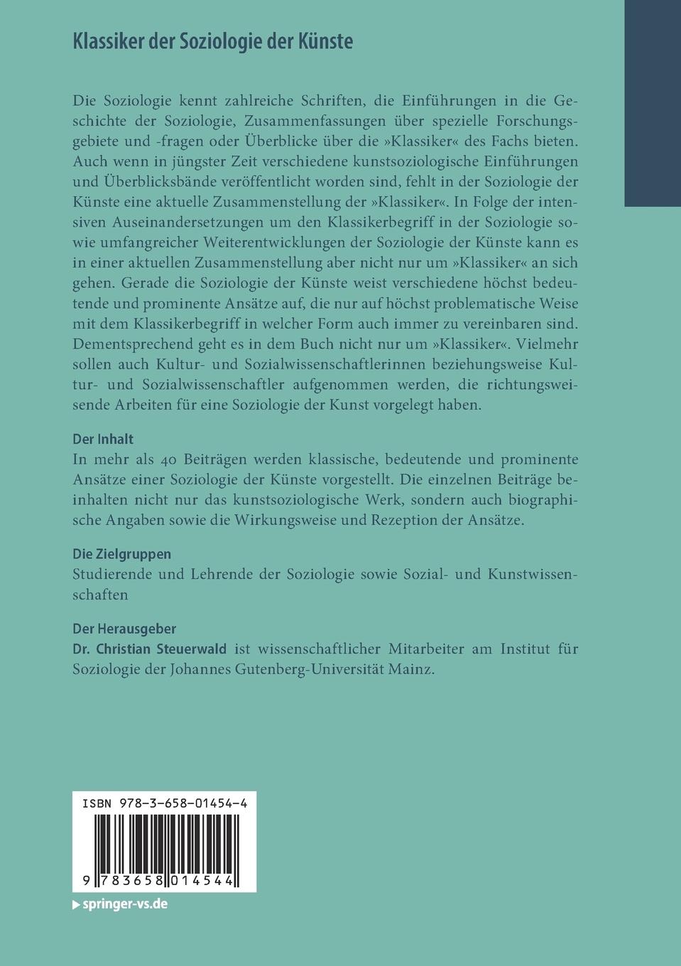 Rückseitencover Klassiker der Soziologie der Künste