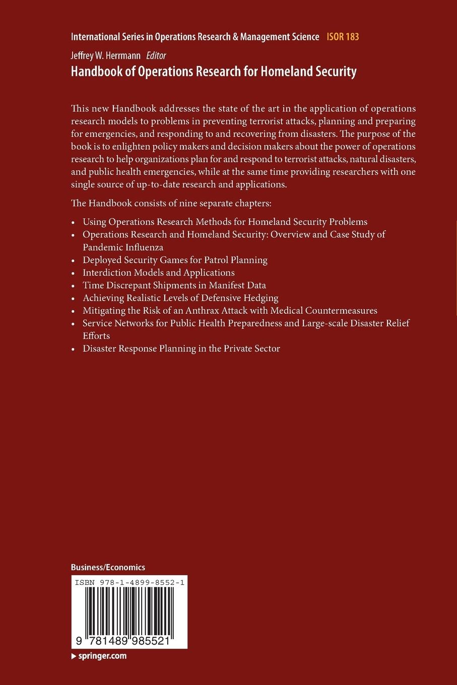 Rückseitencover Handbook of Operations Research for Homeland Security