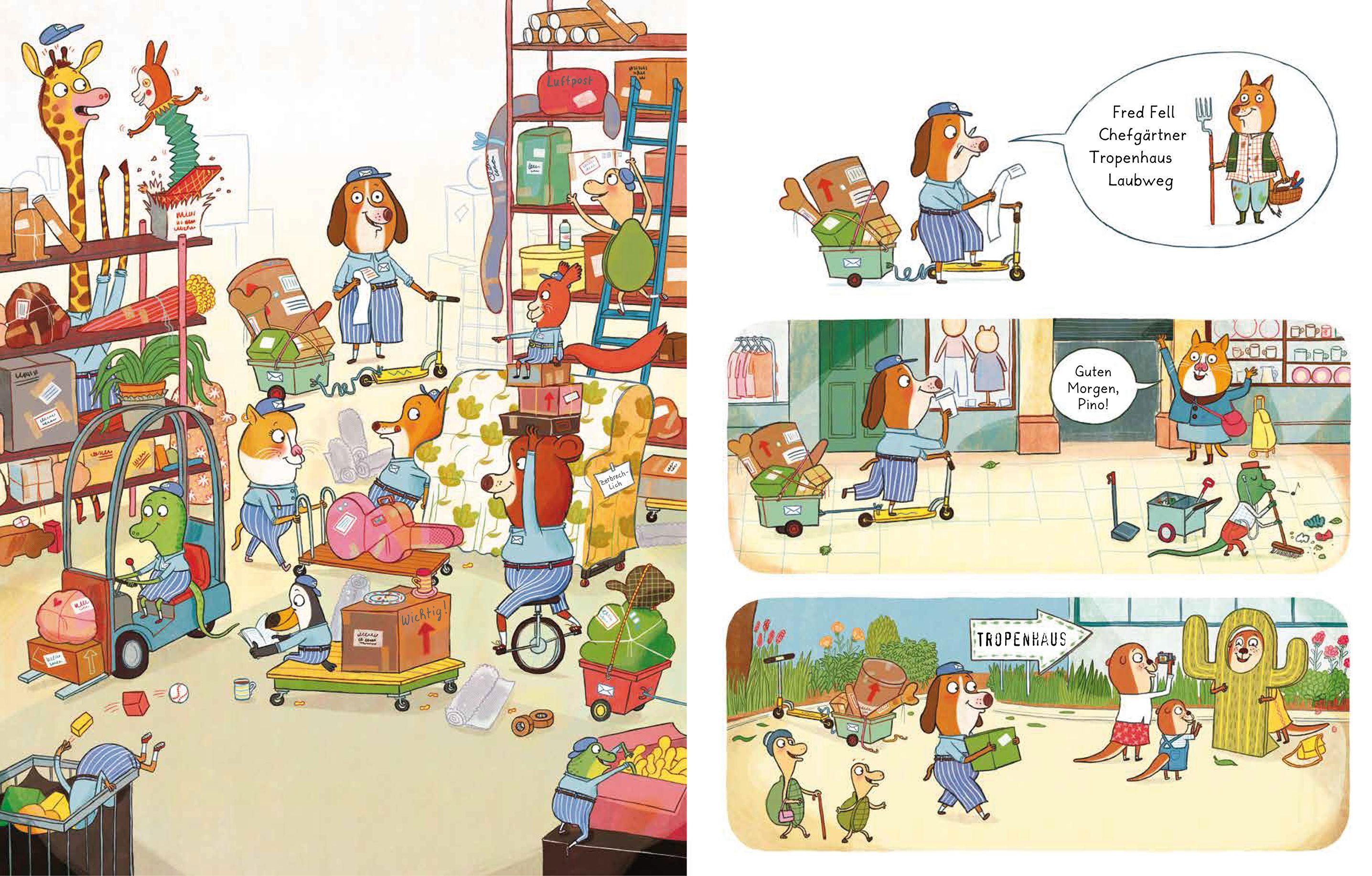 Beispielinhalt (Bild) Pino Pfote, Päckchenbote 01. Ein Suchbuch für kleine Spürnasen