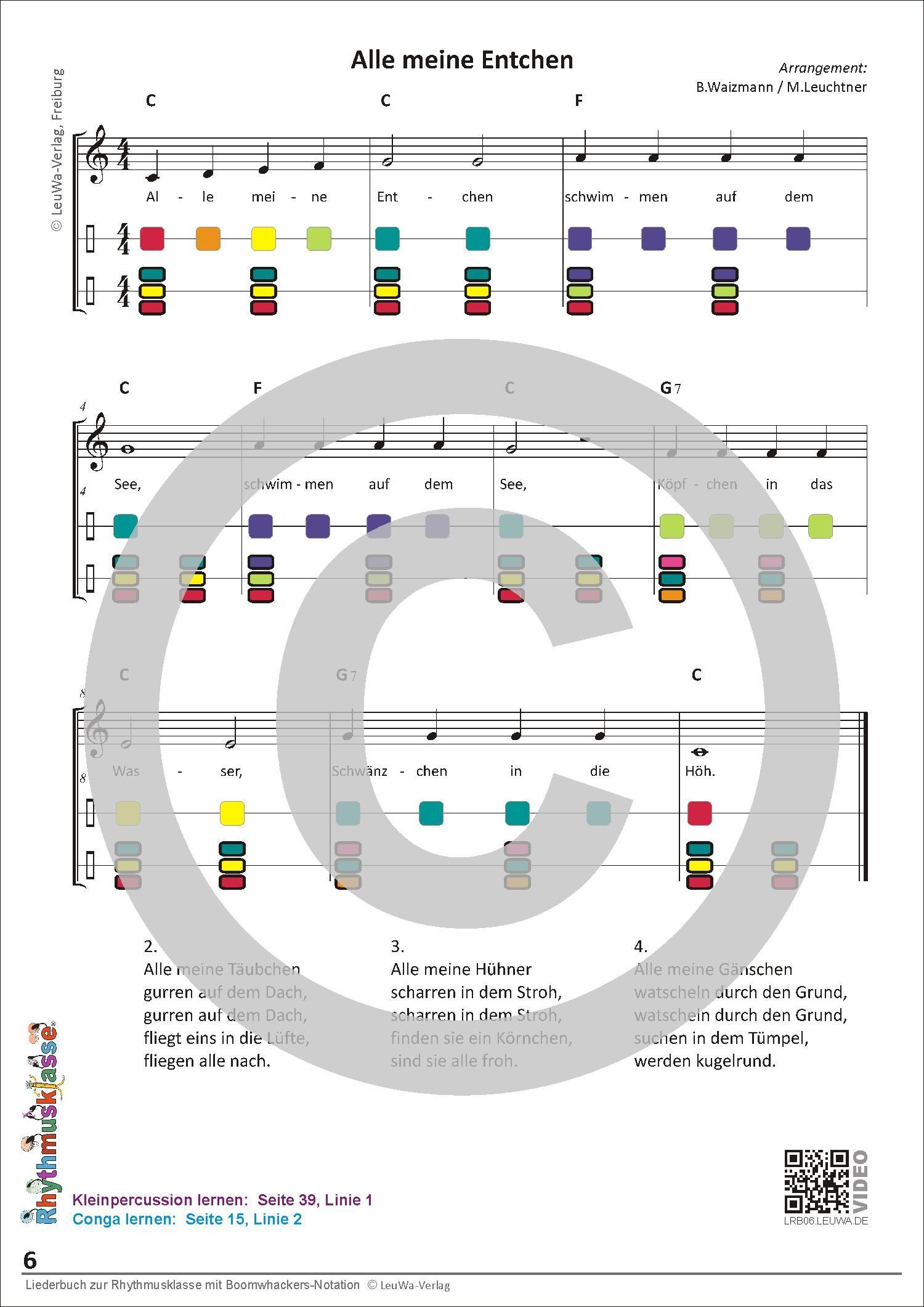 Beispielinhalt (Bild) Liederbuch zur Rhythmusklasse mit Boomwhackers-Notation